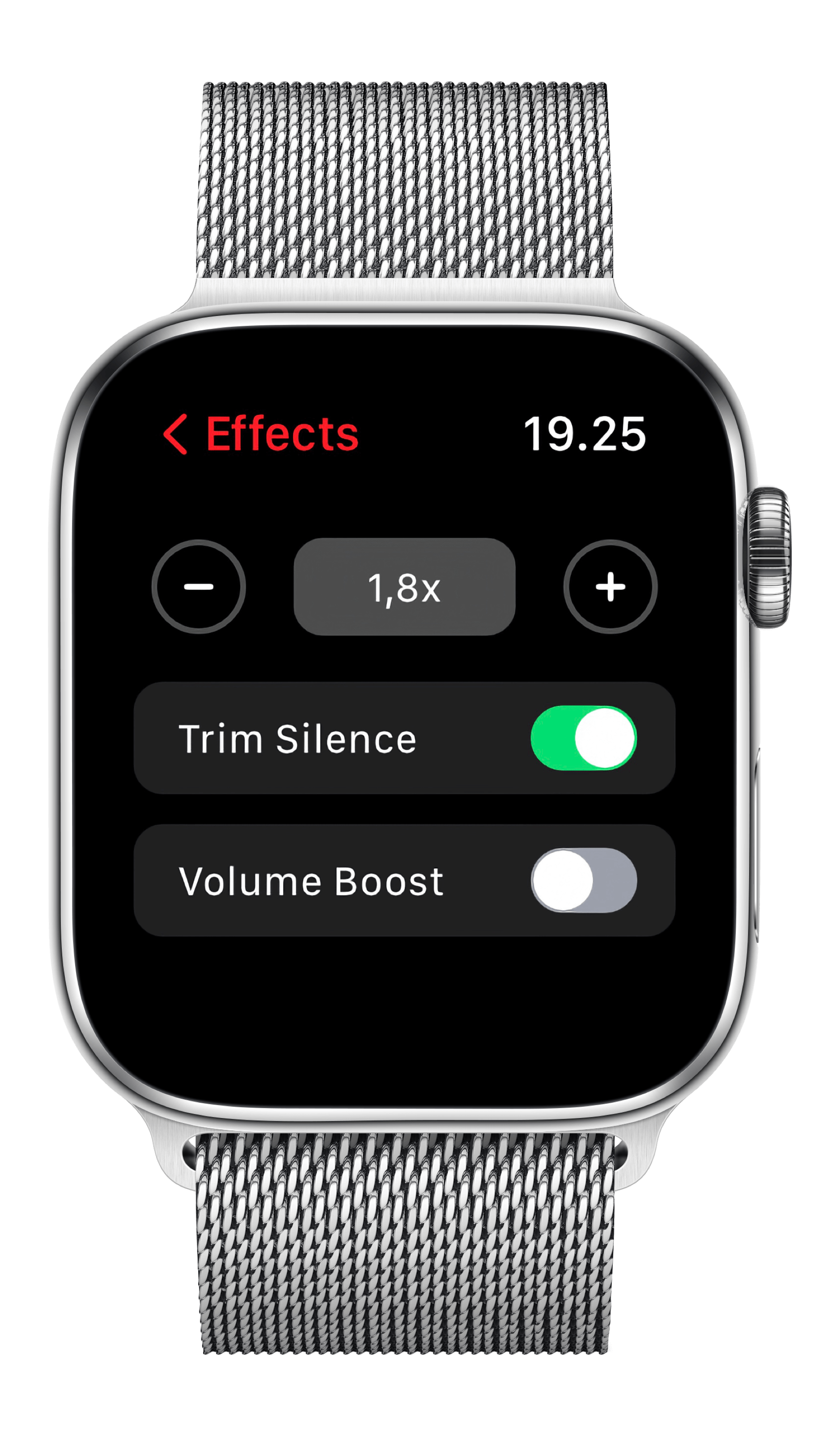 Bild zeigt Apple Watch mit Pocket Casts-App und ihren Einstellungen.