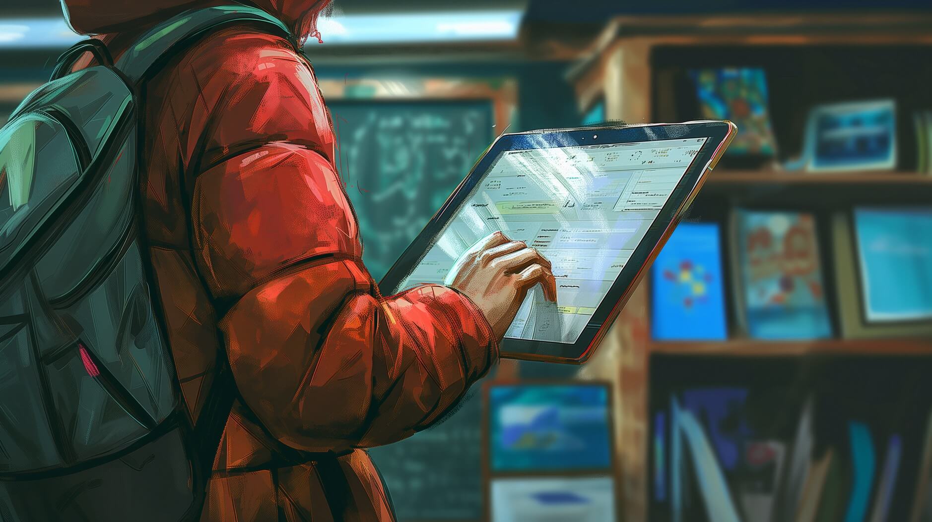 Die Abbildung zeigt eine Person in einer roten Jacke und einem Rucksack, die vor einem Bücherregal steht und einen Tablet-Computer in der Hand hält. Die Person scheint das Tablet zu verwenden, vermutlich für Forschungs- oder Studienzwecke, in einer Innenumgebung, die an eine Bibliothek oder einen Klassenraum erinnert.