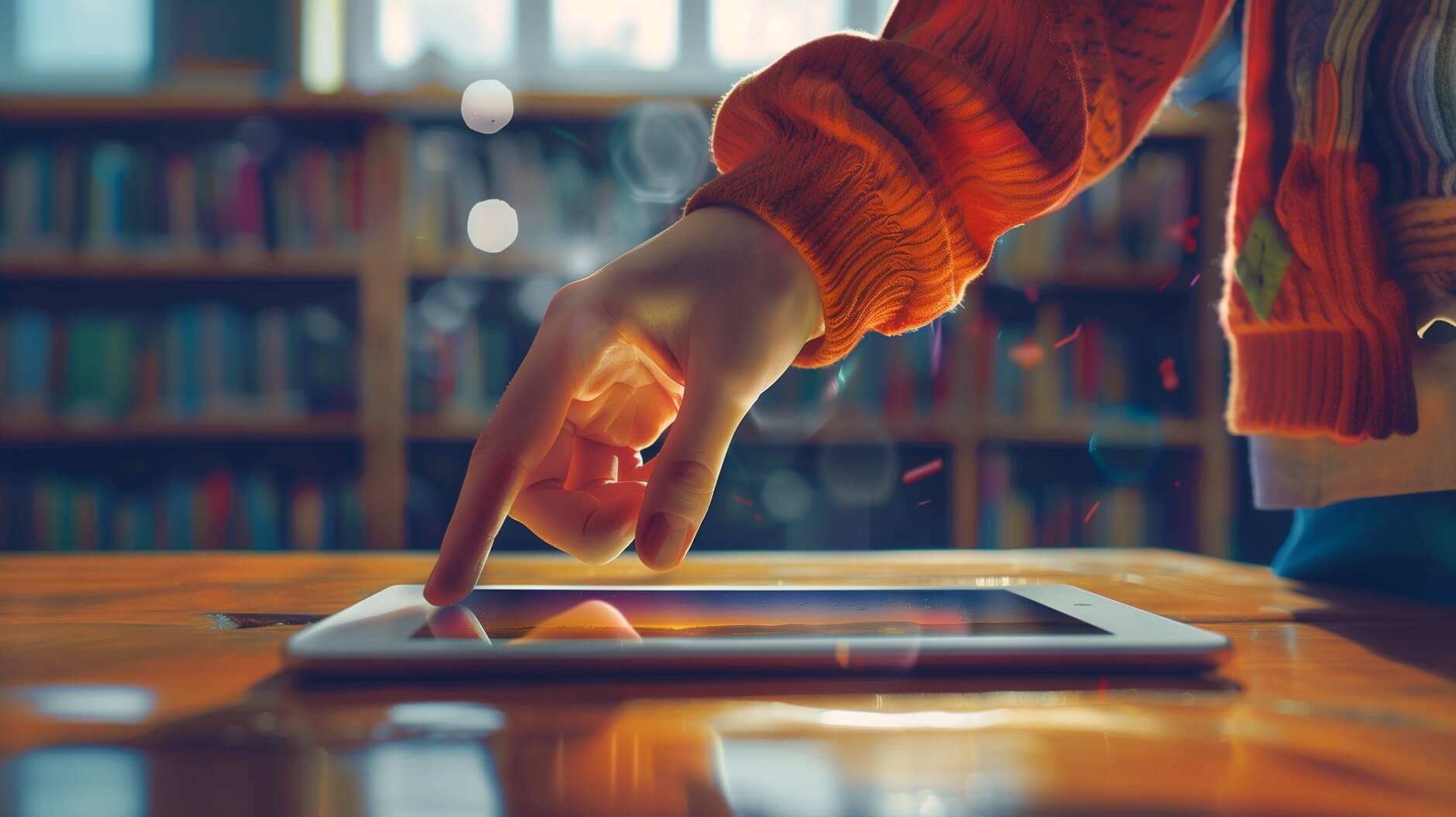Dieses Bild zeigt eine Hand, die mit einem Tablet-Computer oder einem Touchscreen-Gerät interagiert. Der Hintergrund scheint eine Bibliothek oder ein Bücherregal zu sein, was auf eine akademische oder intellektuelle Umgebung hindeutet.