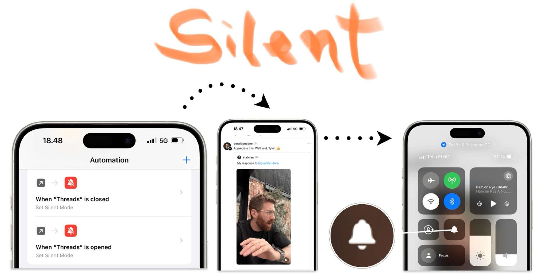 Dieses Bild zeigt eine Collage verschiedener Smartphone-Bildschirme und Benutzeroberflächen-Elemente. Der Fokus liegt auf dem Wort "Silent", das in einem orangefarbenen, stilisierten Schriftbild dargestellt ist, umgeben von Anwendungsbildschirmen und Steuerungselementen.