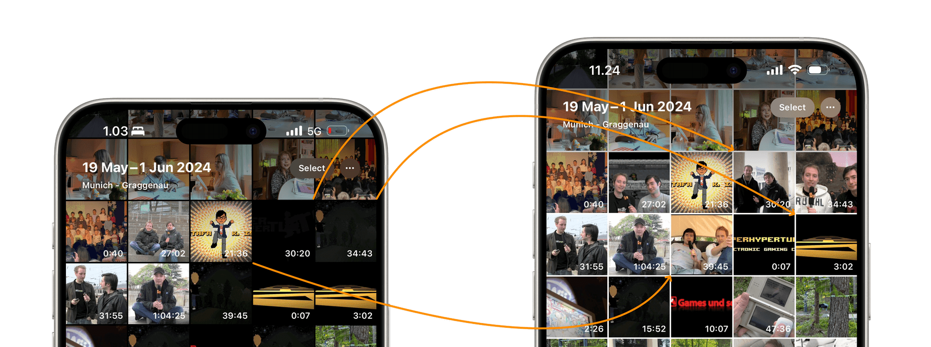 2x iPhone-Screenshots, die die geänderten Vorschaubilder in der Foto-App zeigen.