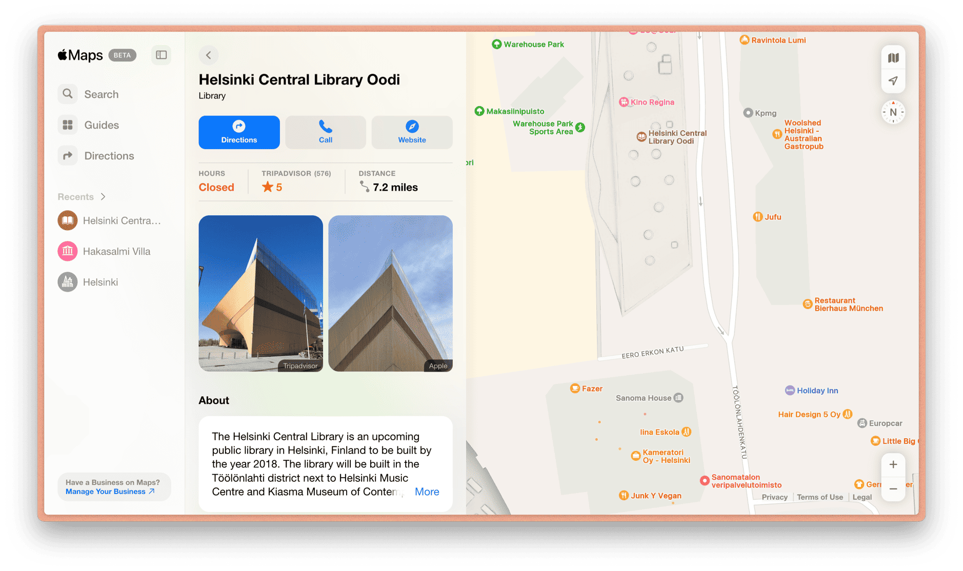 Das Bild zeigt einen Screenshot von Apple Maps mit Informationen über die Helsinki Central Library Oodi. Die Bibliothek wird als eine im Jahr 2018 eröffnete öffentliche Bibliothek in Helsinki beschrieben und befindet sich im Töölönlahti-Viertel neben dem Helsinki Music Centre und dem Kiasma Museum.