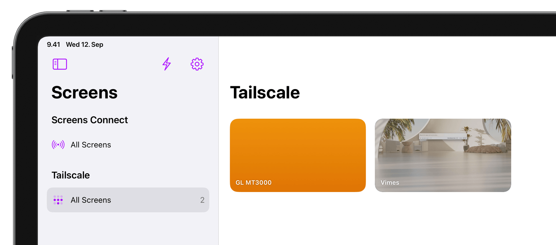 iPad-Screenshot der Screens-Einstellungen für Tailscale.