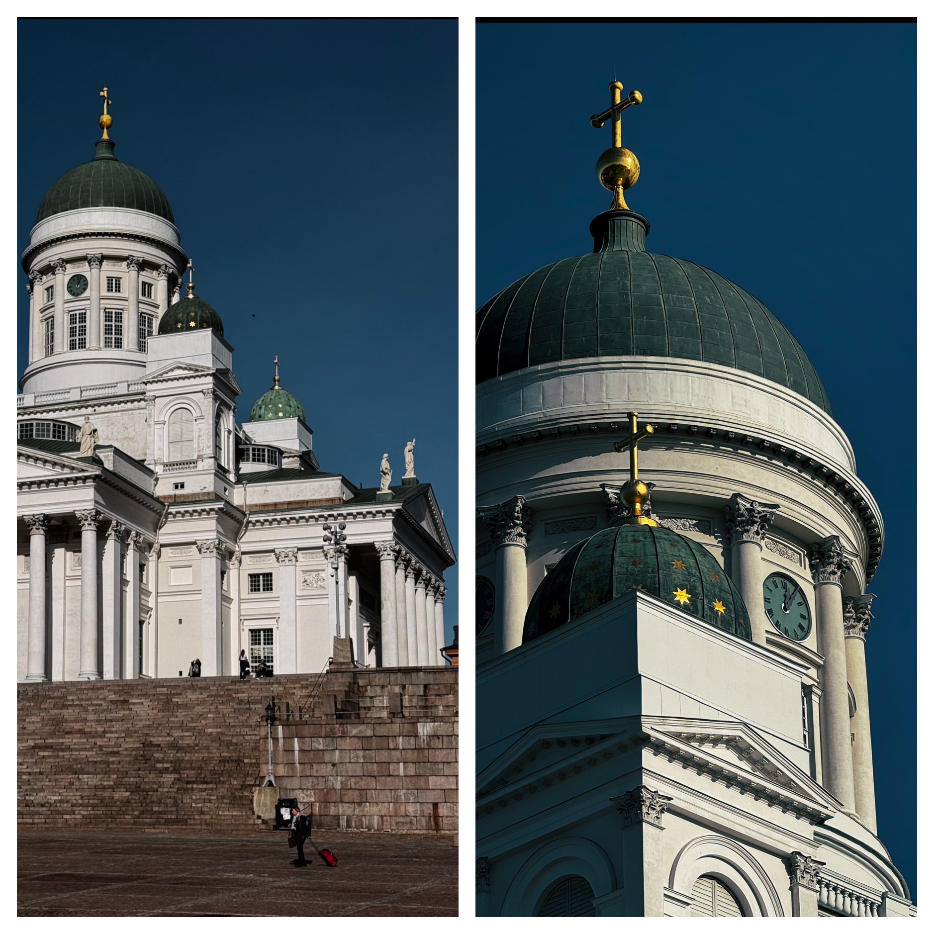 Zwei Bilder der weißen Kirche in Helsinki.