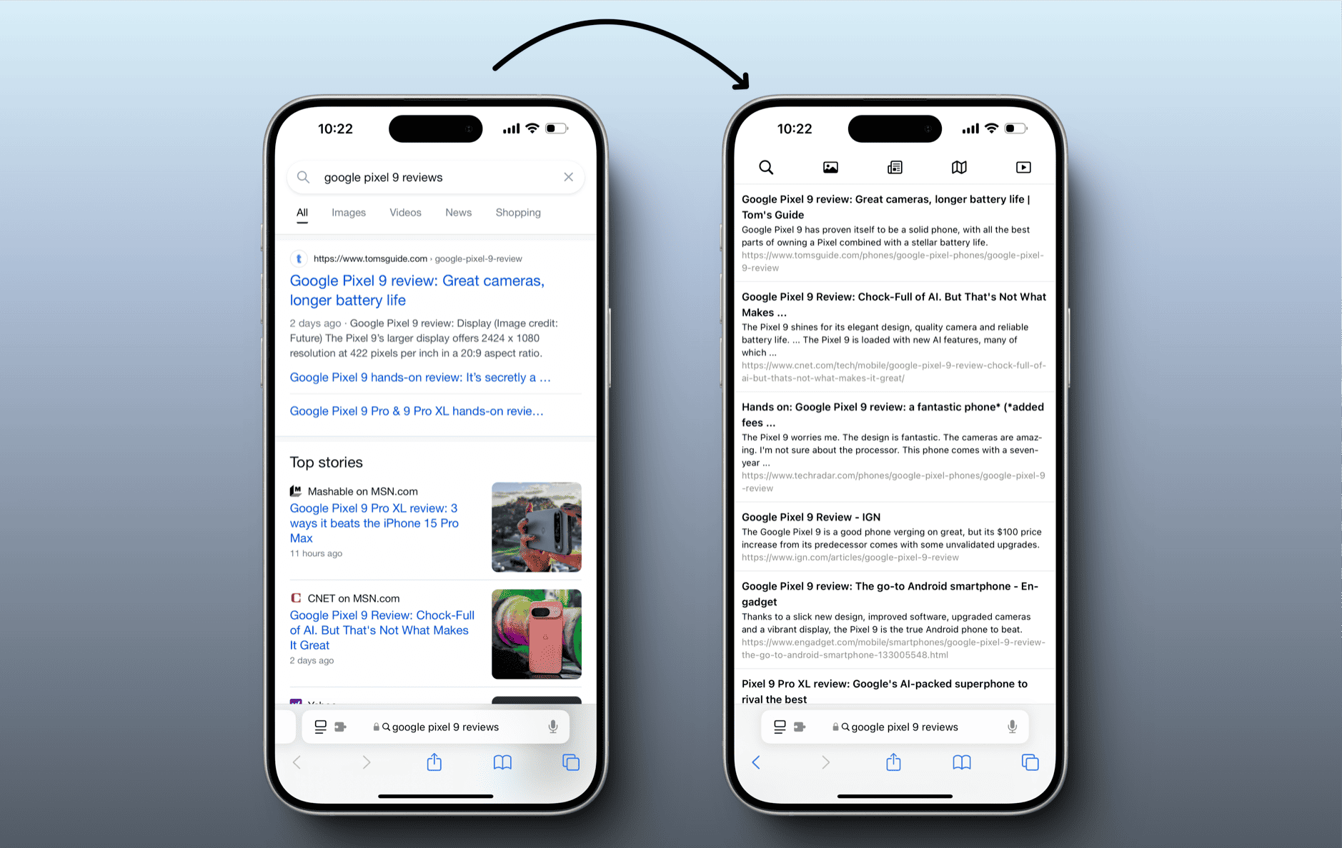 Das Bild zeigt zwei iPhones. Auf dem linken Bildschirm wird eine Google-Suche nach "Google Pixel 9 Reviews" angezeigt, während der rechte Bildschirm eine Liste von Suchergebnissen mit detaillierten Rezensionen zeigt.