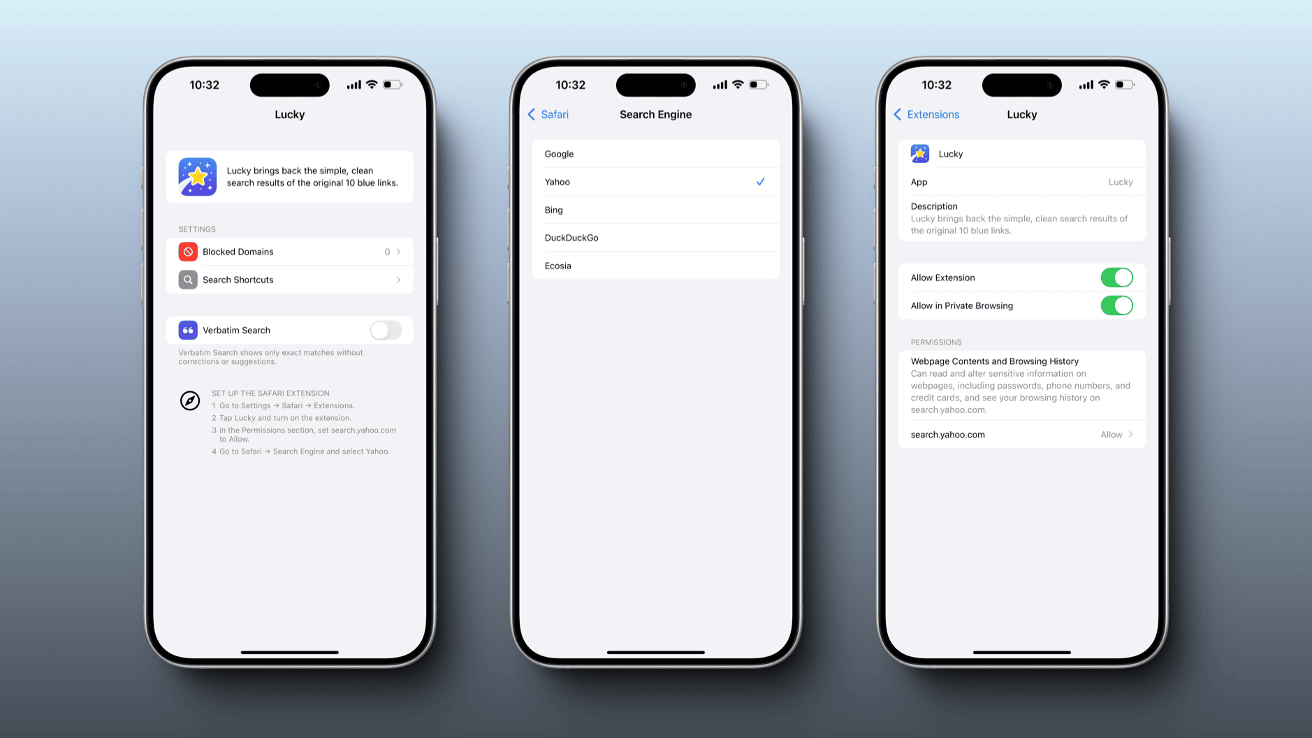 Das Bild zeigt drei iPhones, die die Einstellungen der Safari-Erweiterung "Lucky" anzeigen. Die Erweiterung bringt die klassischen 10 blauen Links zurück und erlaubt die Auswahl von Suchmaschinen wie Yahoo, Google, Bing, DuckDuckGo und Ecosia.