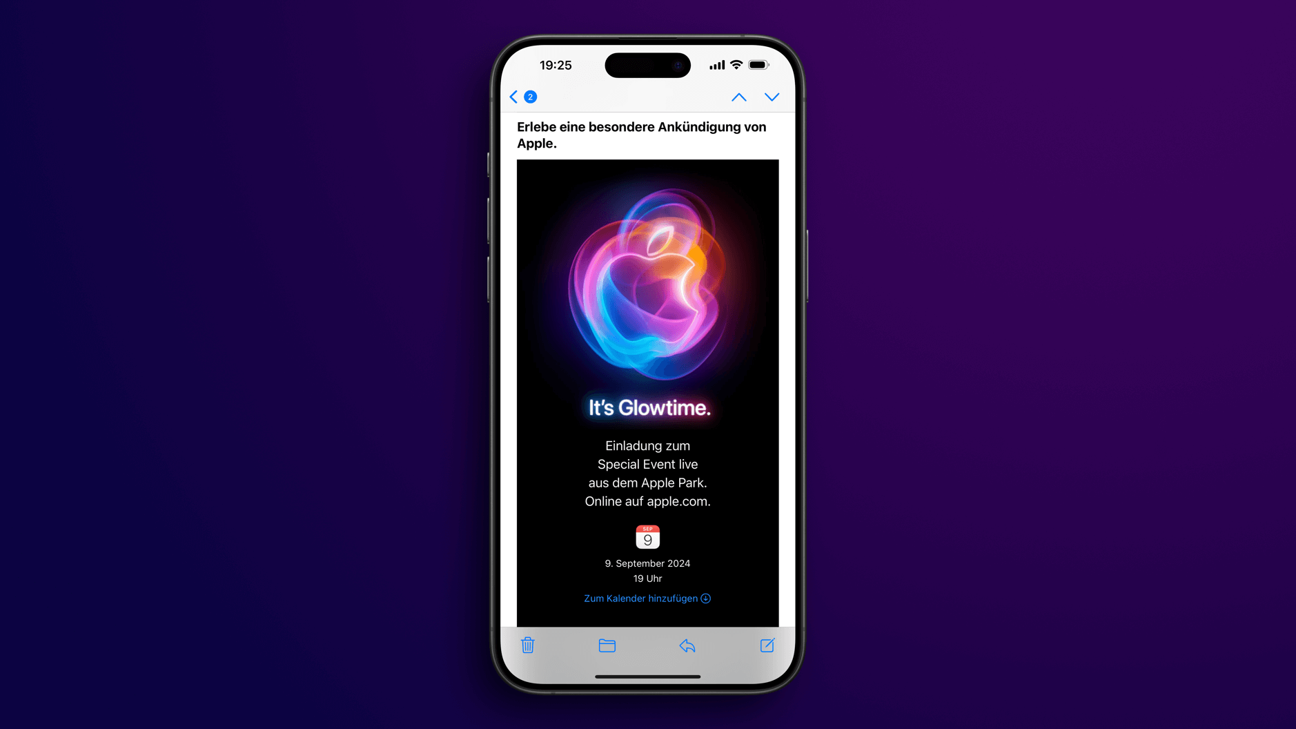 Das Bild zeigt eine Einladung zu einem besonderen Apple-Event mit dem Slogan "It's Glowtime." Es findet am 9. September 2024 um 19 Uhr statt und wird live aus dem Apple Park übertragen. Der Hintergrund ist dunkel, mit einem leuchtenden, mehrfarbigen Apple-Logo in der Mitte.