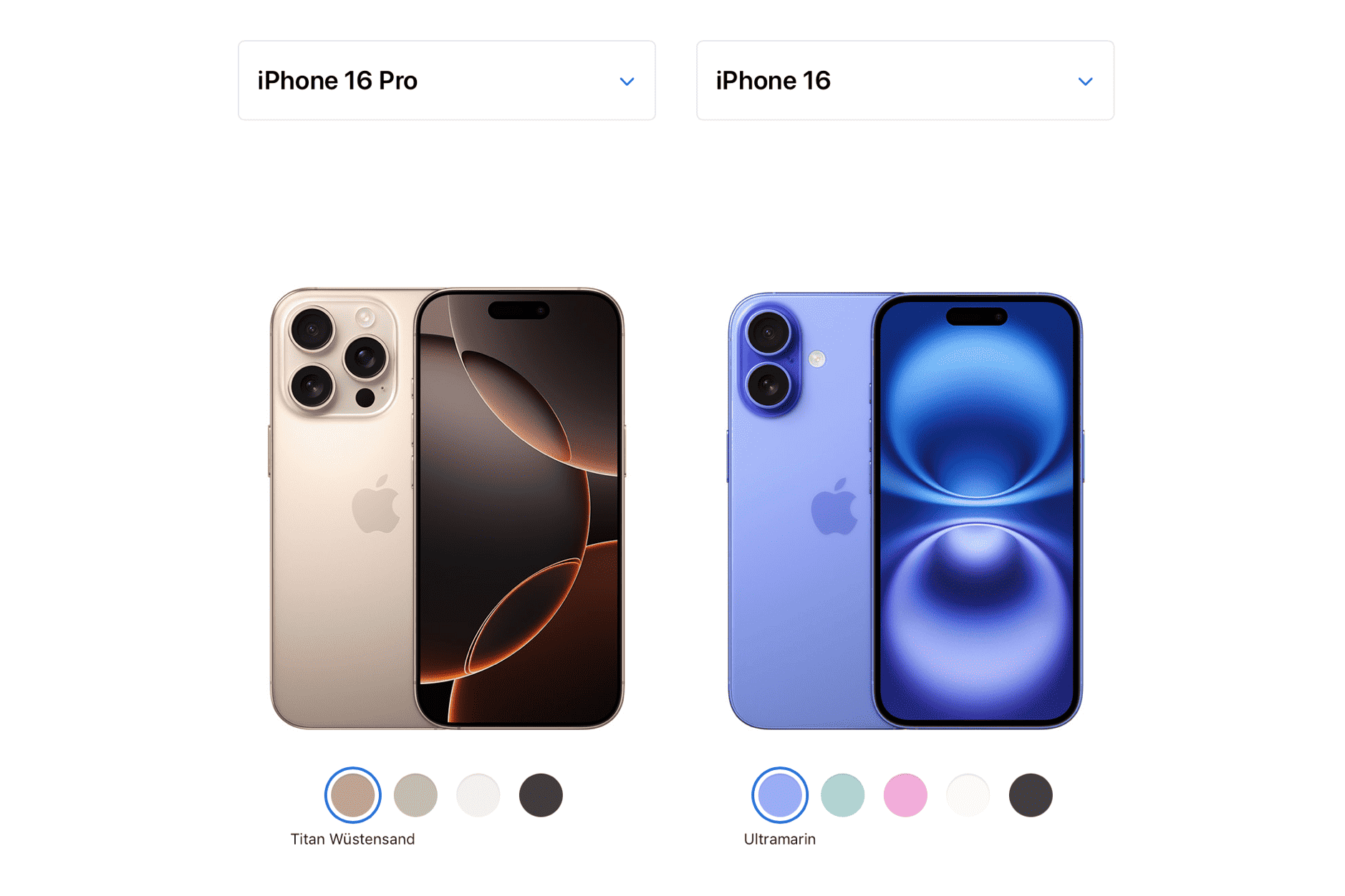 Das Bild zeigt zwei iPhones: das iPhone 16 Pro auf der linken Seite und das iPhone 16 auf der rechten Seite. Das iPhone 16 Pro ist in der Farbe 