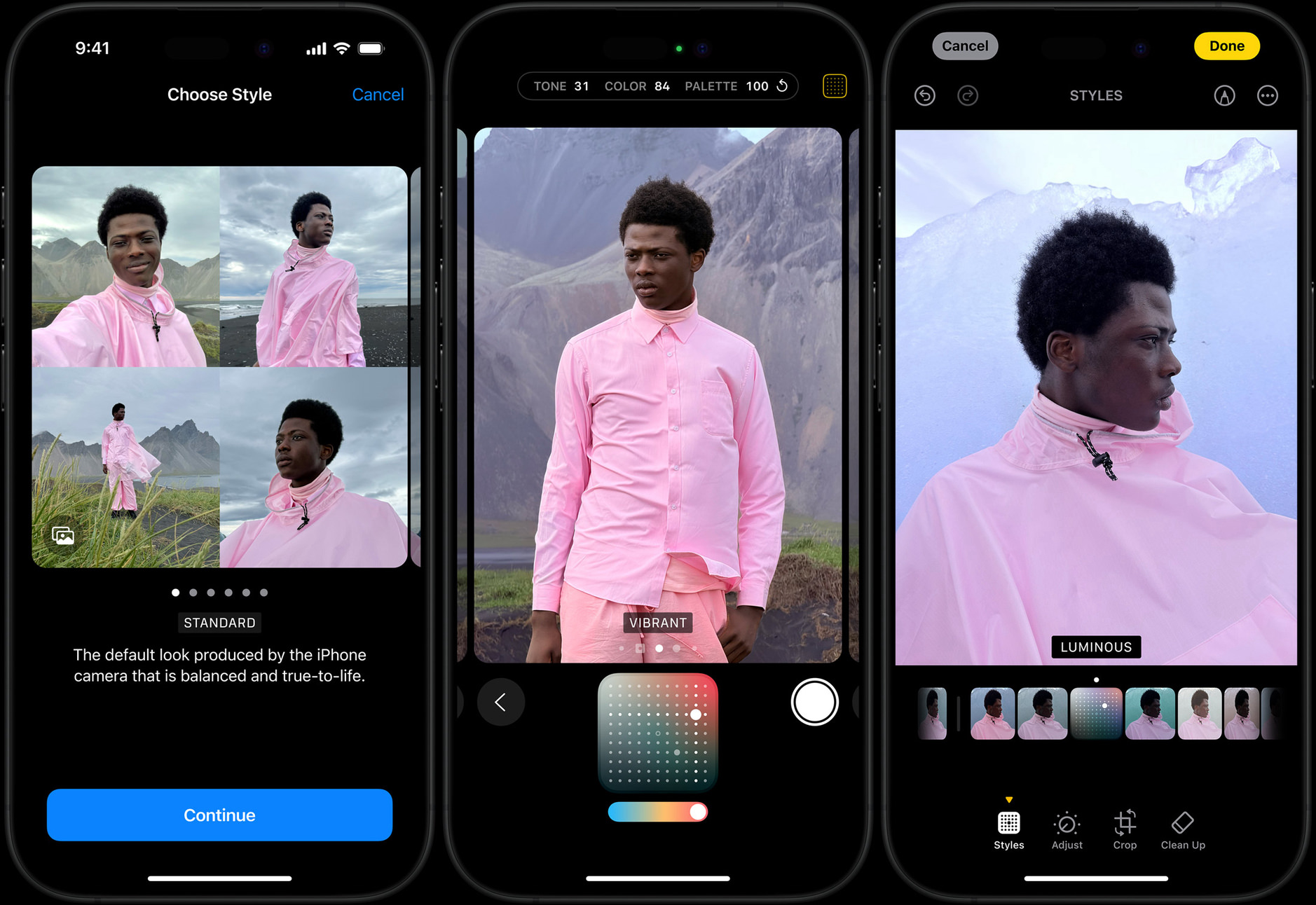 Das Bild zeigt drei iPhone-Bildschirme mit Fotobearbeitungsfunktionen. Auf den Bildschirmen sind verschiedene fotografische Stile wie "Standard", "Vibrant" und "Luminous" zu sehen, die auf ein Porträtfoto angewendet werden. Der Mann im Bild trägt ein rosa Hemd und steht vor einer Berglandschaft.