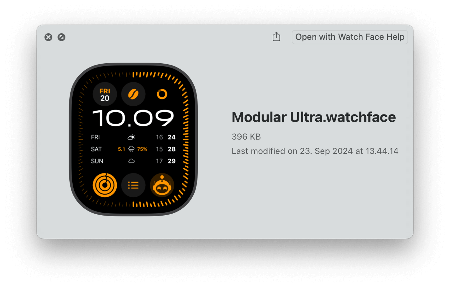 Das Bild zeigt ein digitales Zifferblatt namens "Modular Ultra" mit einer Dateigröße von 396 KB. Es wurde zuletzt am 23. September 2024 um 13:44:14 Uhr bearbeitet. Das Zifferblatt zeigt die Uhrzeit, das Datum und Wetterinformationen an.