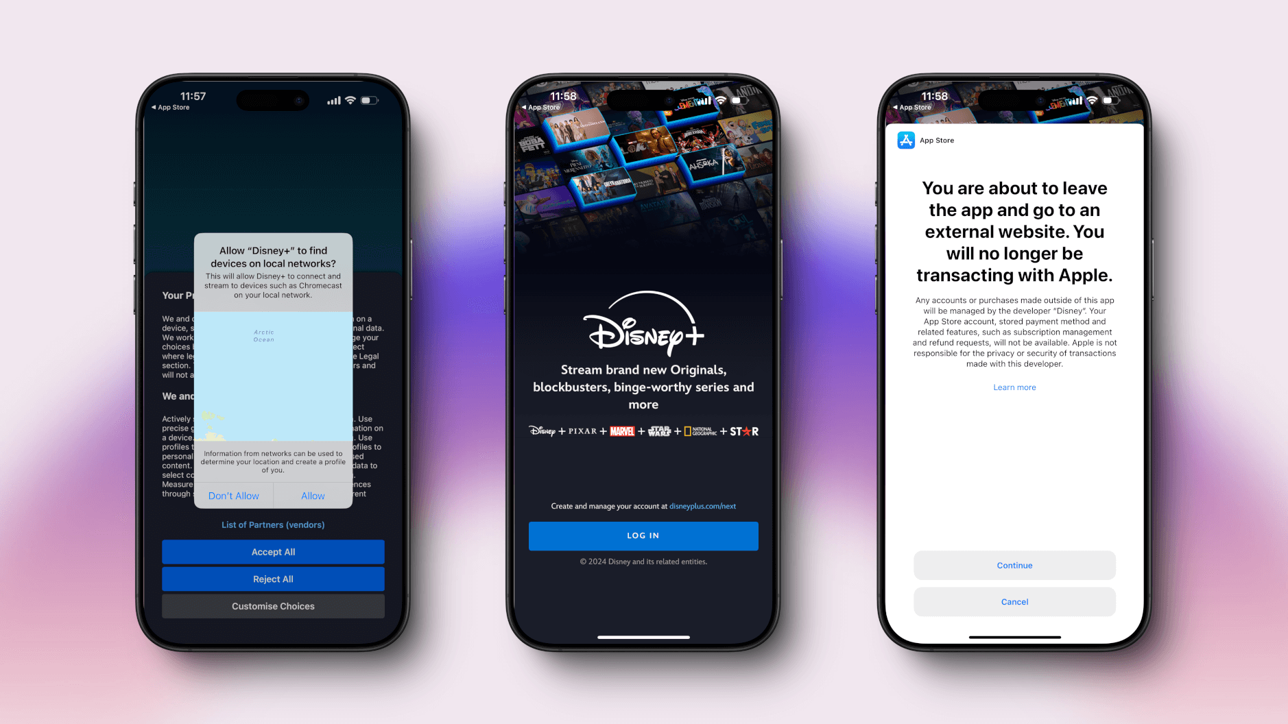 Das Bild zeigt drei iPhones mit der Disney+ App. Auf dem linken Bildschirm wird eine Erlaubnisanfrage angezeigt, um lokale Netzwerke zu finden. Der rechte Bildschirm warnt davor, dass man die App verlässt und zu einer externen Website weitergeleitet wird, wobei Apple nicht mehr für Transaktionen verantwortlich ist.