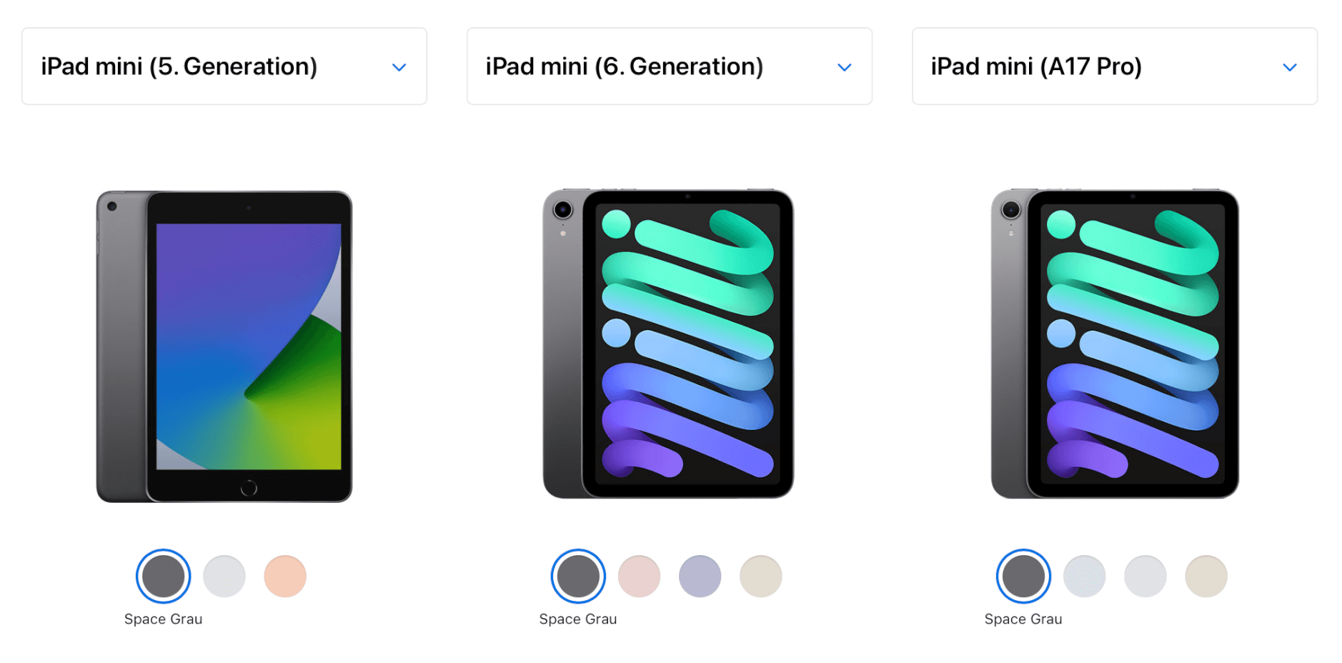 Das Bild zeigt drei iPad mini Modelle: die 5. Generation, die 6. Generation und das iPad mini mit A17 Pro Chip. Jedes Modell ist in der Farbe "Space Grau" abgebildet. Die Geräte unterscheiden sich in Design und Displaygröße.