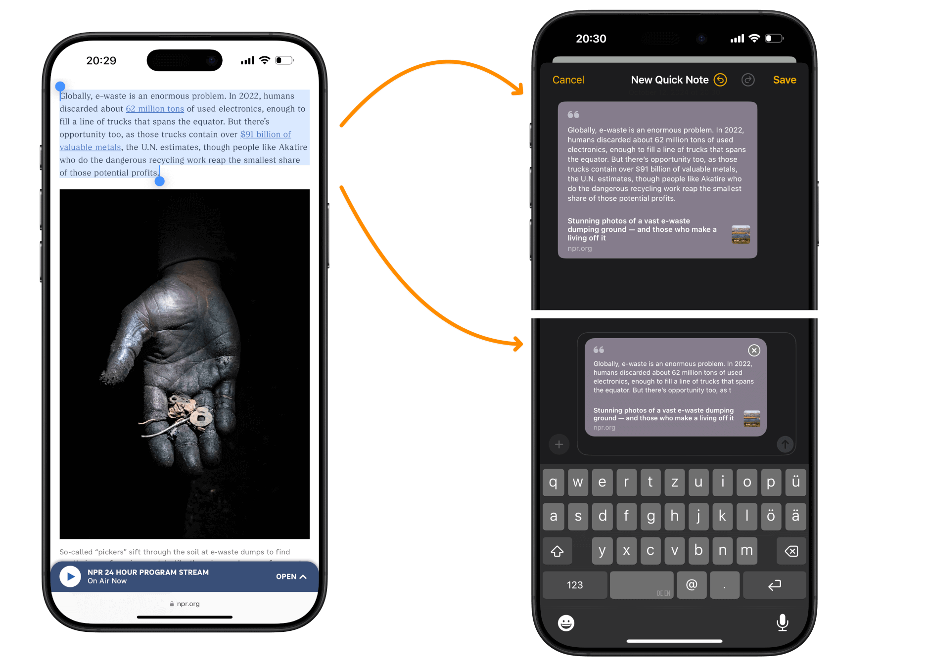 Das Bild zeigt zwei iPhone-Bildschirme. Auf dem linken Bildschirm wird ein Artikel über das Problem von Elektroschrott angezeigt, mit einem Bild einer Hand, die kleine Metallteile hält. Der rechte Bildschirm zeigt, wie der Text aus dem Artikel in eine Notiz-App sowie Nachrichten-App kopiert wird.