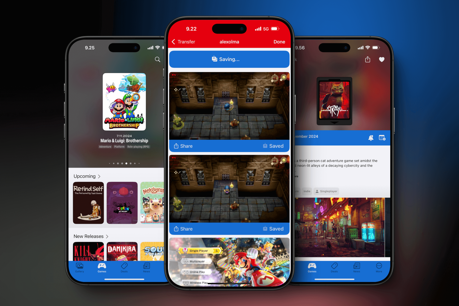 Das Bild zeigt drei Smartphones mit der App SwitchBuddy. Auf den Bildschirmen sind verschiedene Spielinformationen und -bilder zu sehen, darunter "Mario & Luigi: Brothership" und "Stray". Die App bietet Funktionen wie das Speichern und Teilen von Spielinhalten.