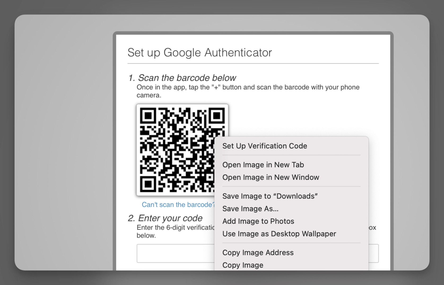 Das Bild zeigt den Einrichtungsprozess für Google Authenticator. Ein QR-Code wird angezeigt, den man mit der Google Authenticator-App scannen soll, um einen Verifizierungscode zu erhalten. Zusätzlich ist ein Kontextmenü zu sehen, das Optionen wie "Verifizierungscode einrichten" und "Bild speichern" anbietet.