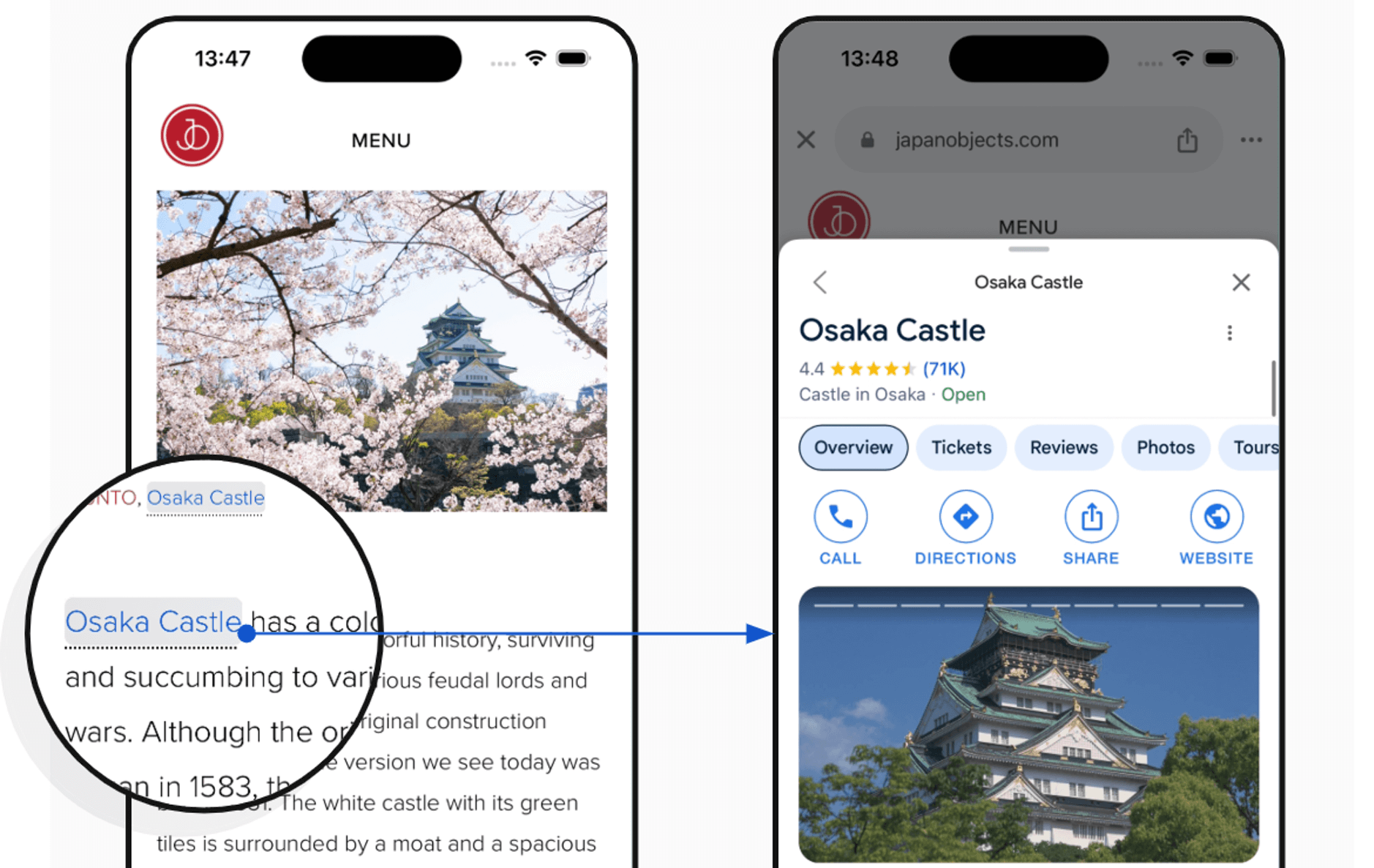 Das Bild zeigt zwei iPhone-Bildschirme mit einer Ansicht des berühmten Osaka Castle in Japan. Auf der linken Seite sieht man eine wunderschöne Aufnahme der Burg, umrahmt von blühenden Kirschblüten, während auf der rechten Seite eine Google-Maps-ähnliche Detailansicht mit Bewertungen und Funktionen wie "Anrufen", "Route" und "Teilen" zu sehen ist. Die Benutzeroberfläche demonstriert eine moderne App-Navigation mit einem vergrößerten Ausschnitt, der den beschreibenden Text über die Geschichte der Burg hervorhebt.