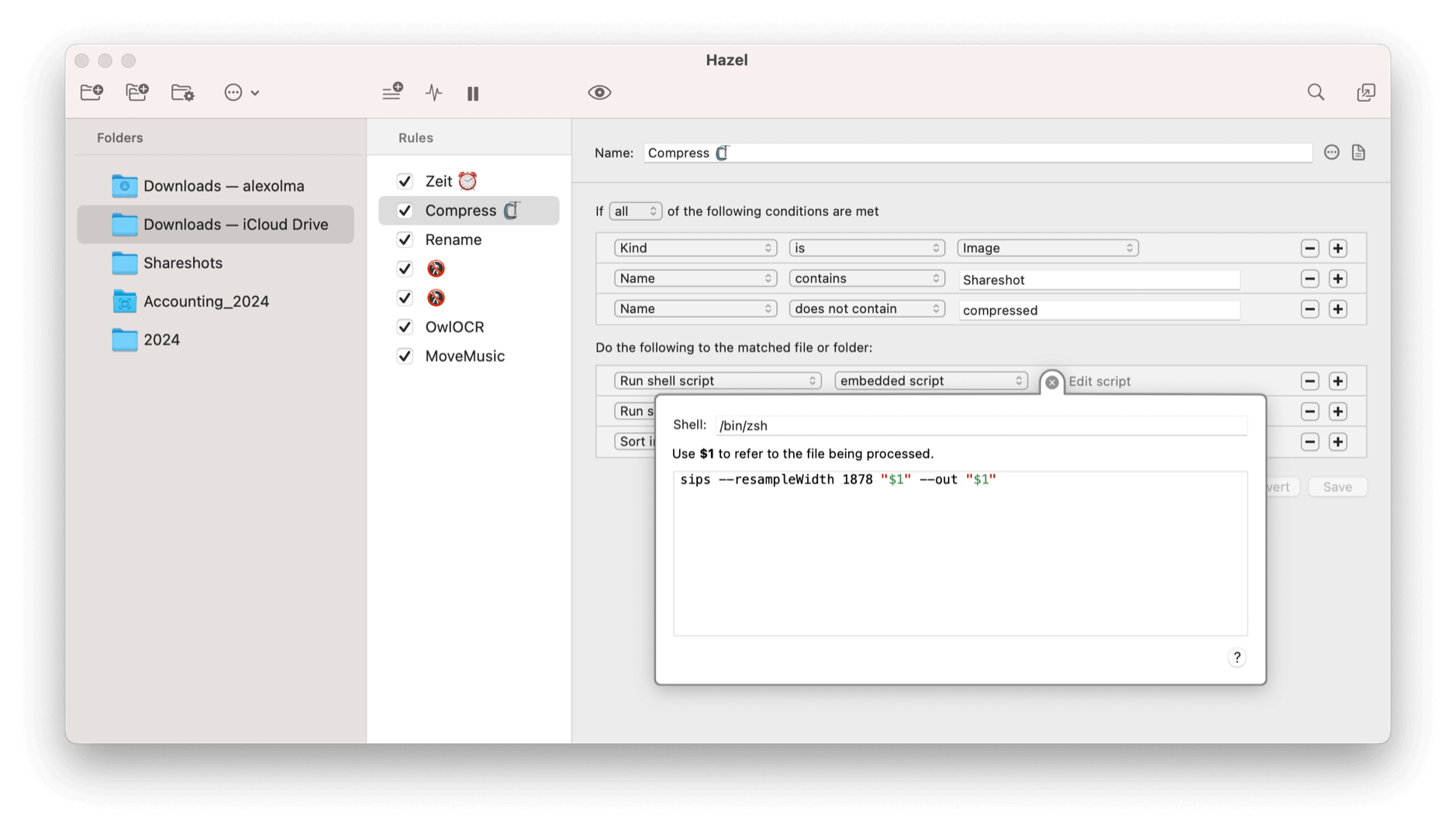 Dateimanager zeigt Ordnerstruktur mit „Downloads“ und „Accounting_2024“. Ein Fenster namens „Hazel“ enthält Regeln zur Dateibearbeitung, darunter „Compress“ und ein Shell-Skript mit „sips --resampleWidth 1878“.