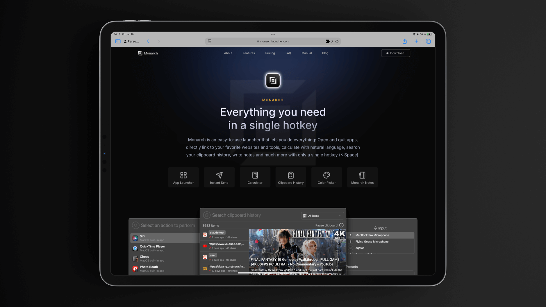 Das Bild zeigt die Benutzeroberfläche von Monarch, einem vielseitigen Launcher für Mac, der auf einem Tablet-Display präsentiert wird. Die Hauptfunktionen werden durch sechs Icons dargestellt, darunter App Launcher, Instant Send, Calculator, Clipboard History, Color Picker und Monarch Notes. Im unteren Bereich des Bildschirms sind verschiedene Aktionsoptionen und eine Clipboard-Historie zu sehen, die unter anderem Final Fantasy XV Gameplay-Inhalte anzeigt.