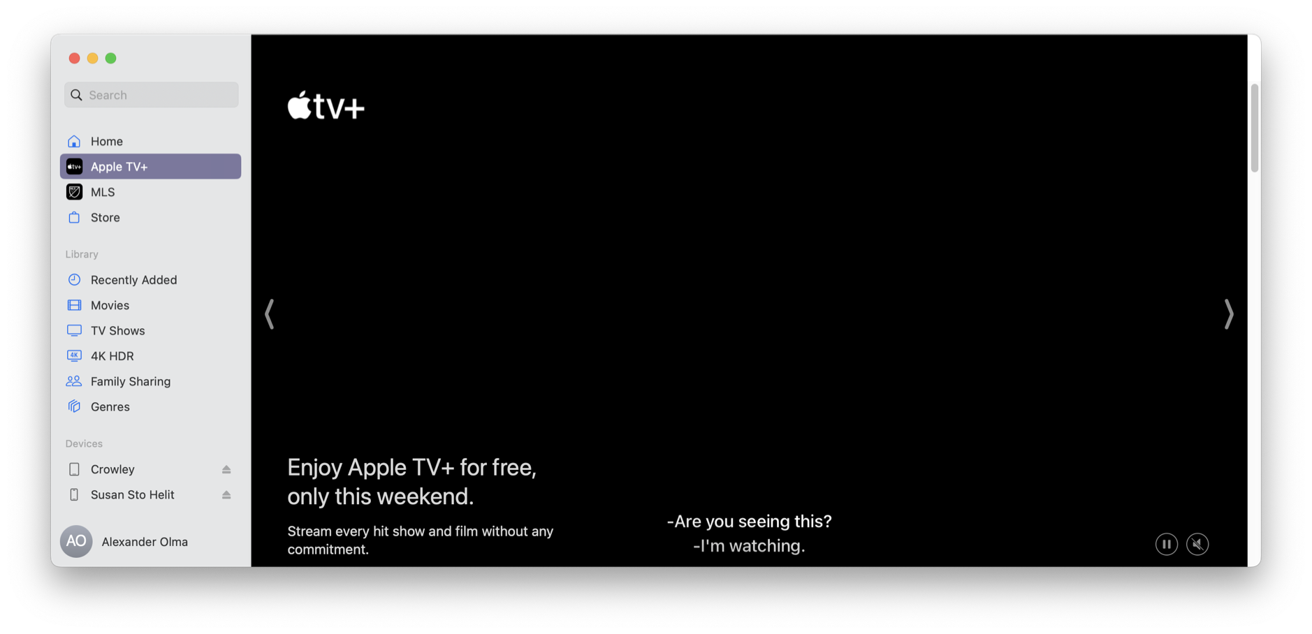 Das Bild zeigt die Benutzeroberfläche der Apple TV+ App mit einer speziellen Wochenend-Promotion. In der linken Seitenleiste sind verschiedene Menüoptionen wie Home, Movies, TV Shows und Genres zu sehen, während im Hauptbereich die Nachricht "Enjoy Apple TV+ for free, only this weekend" mit dem Zusatz "Stream every hit show and film without any commitment" angezeigt wird. Unten im Bild erscheint ein Dialog mit den Zeilen "Are you seeing this?" und "I'm watching."