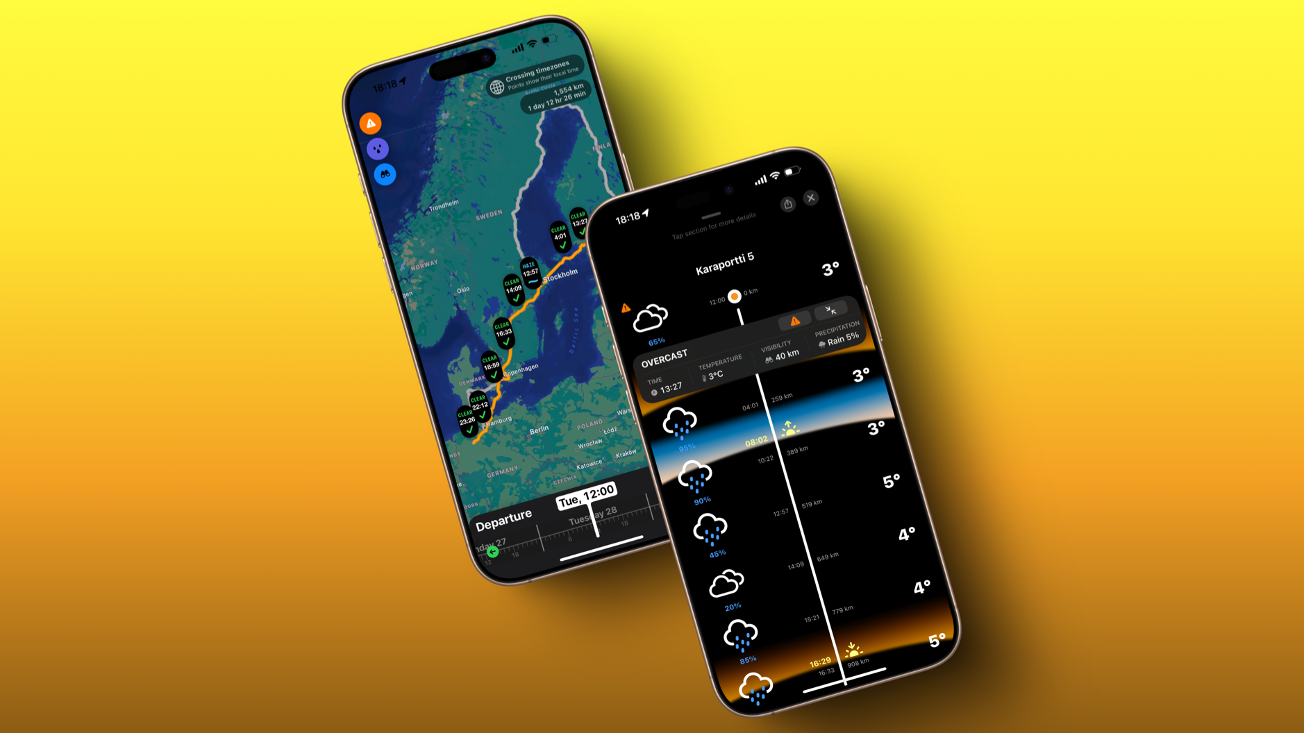 Das Bild zeigt zwei Smartphone-Bildschirme mit der gleichen Wetter-App. Auf dem linken Bildschirm ist eine Karte von Finnland zu sehen, auf der die aktuellen Wetterbedingungen angezeigt werden. Auf dem rechten Bildschirm ist eine detaillierte Wettervorhersage für den aktuellen Standort zu sehen.