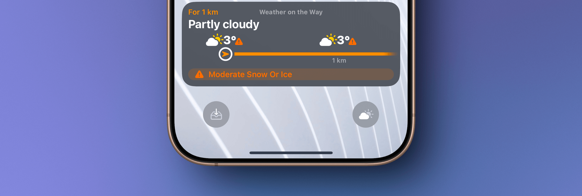 Das Bild zeigt ein Smartphone mit einem Wetter-Widget. Das Widget zeigt an, dass es teilweise bewölkt ist und die Temperatur 3° beträgt. Außerdem wird eine Warnung vor mäßigem Schnee oder Eis angezeigt.