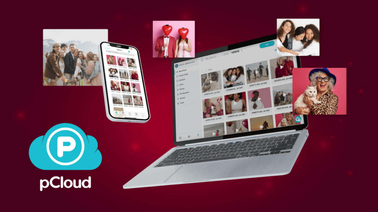 Das Bild zeigt eine Werbung für den Cloud-Speicherdienst pCloud. Zu sehen sind ein Laptop und ein Smartphone, die beide die Benutzeroberfläche von pCloud mit gespeicherten Fotos und Videos darstellen. Im Hintergrund sind verschiedene Bilder von Menschen und Momenten eingeblendet, die den Fokus auf persönliche Erinnerungen legen.