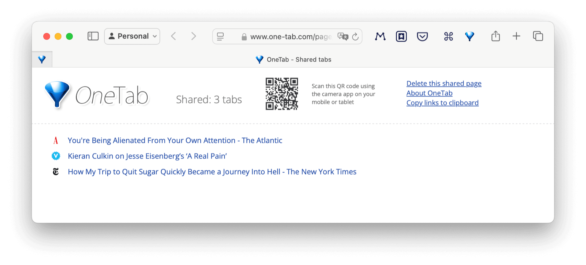 Das Bild zeigt die Benutzeroberfläche von OneTab, einem Browser-Tool, das geöffnete Tabs in einer Liste zusammenfasst. Es sind drei gespeicherte Links sichtbar, darunter Artikel von The Atlantic, Vulture und The New York Times. Zusätzlich gibt es Optionen wie das Löschen der Seite, Informationen zu OneTab und das Kopieren der Links.
