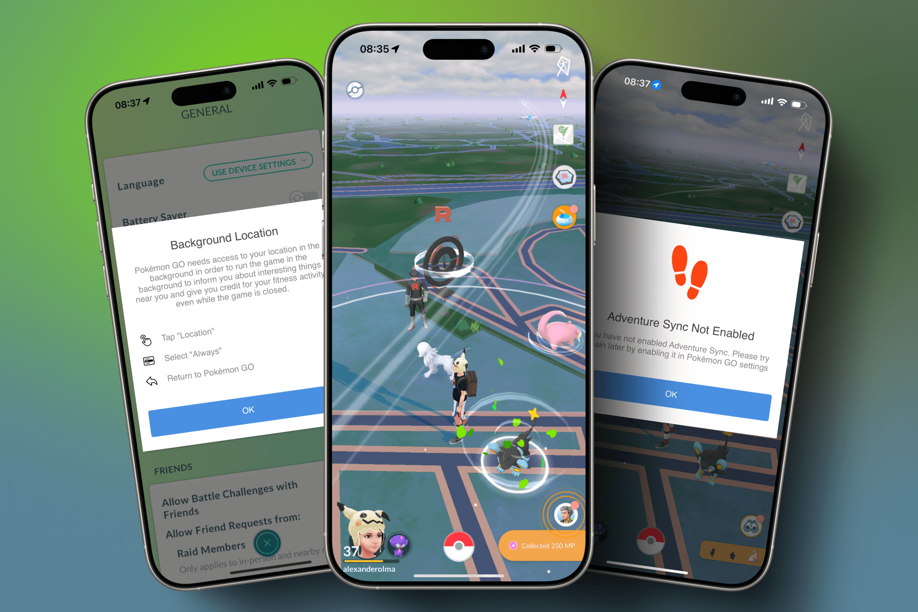 Das Bild zeigt drei iPhones, die die Benutzeroberfläche von Pokémon GO darstellen. Auf den Bildschirmen werden Hinweise zu den Einstellungen für den Hintergrundstandort und die Aktivierung von Adventure Sync angezeigt, sowie das Gameplay mit einem Trainer und Pokémon in einer virtuellen Umgebung. Die Darstellung hebt Funktionen hervor, die die App im Hintergrund nutzen, um Aktivitäten zu verfolgen.