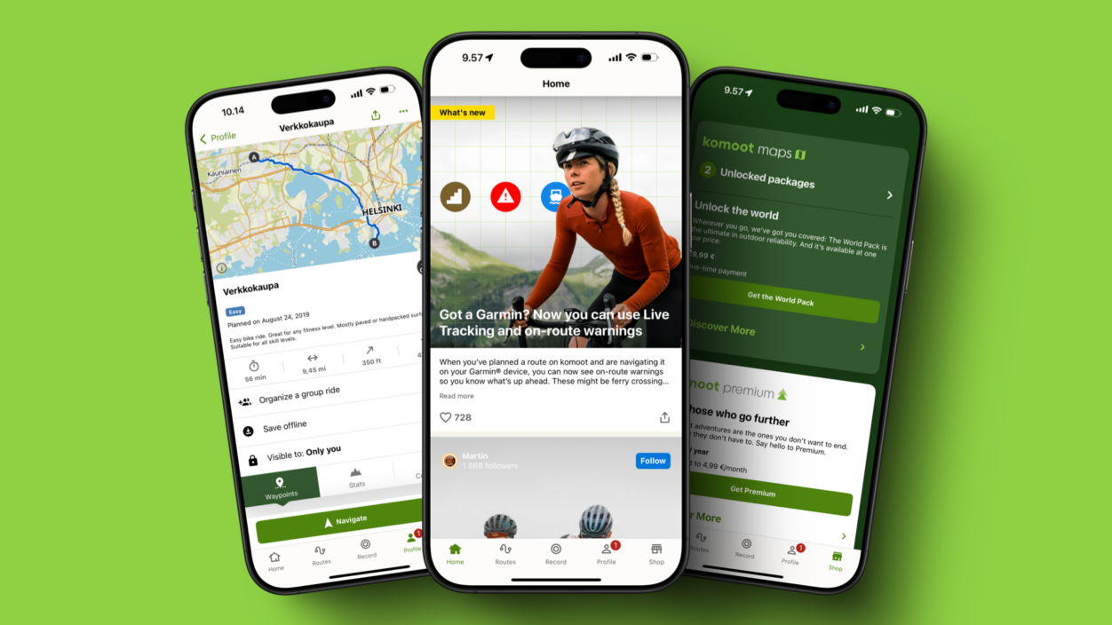 Das Bild zeigt drei Smartphone-Bildschirme mit der Komoot-App, die für Outdoor-Navigation und Routenplanung genutzt wird. Zu sehen sind eine geplante Fahrradtour, eine Funktion zur Integration von Garmin-Geräten sowie ein Angebot für Premium- und Weltkartenpakete. Die Benutzeroberfläche ist klar strukturiert und bietet verschiedene Optionen für Navigation und Personalisierung.