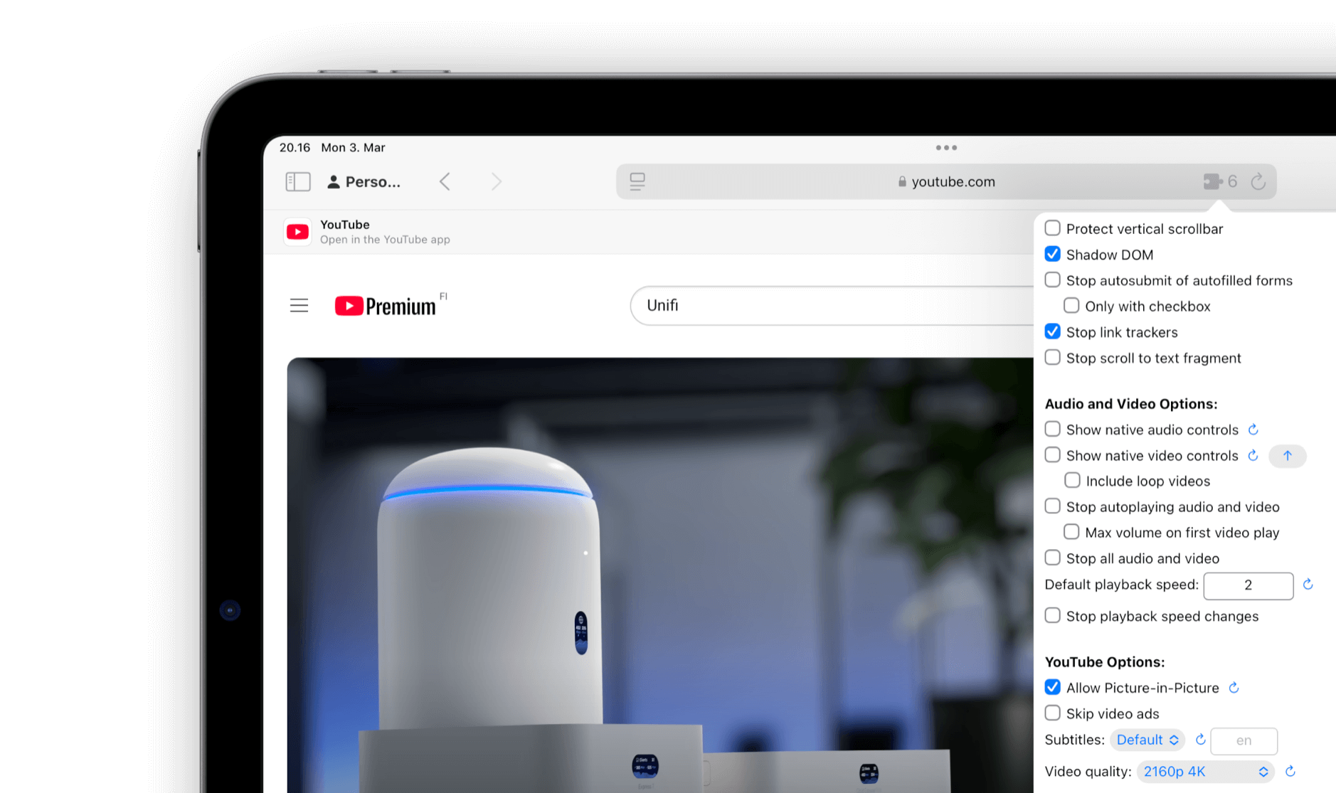 Das Bild zeigt ein Tablet, das die YouTube-Website mit einem Suchbegriff „Unifi“ geöffnet hat. Rechts ist ein Menü mit verschiedenen Optionen sichtbar, darunter Einstellungen wie „Stop link trackers“ und „Allow Picture-in-Picture“. Im Hauptfenster ist ein Unifi-Gerät mit einem modernen Design und einer blauen LED-Leiste zu sehen.