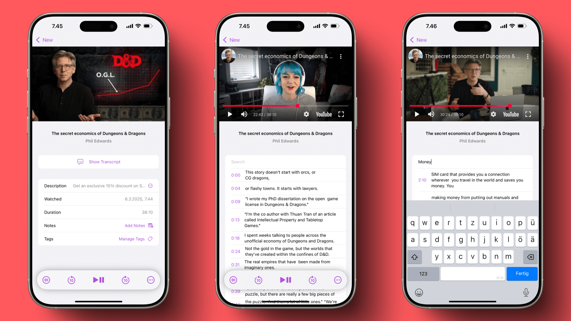 Das Bild zeigt drei Screenshots einer App auf einem iPhone, die sich mit einem Video über die geheime Ökonomie von Dungeons & Dragons beschäftigt. Auf dem ersten Screenshot sieht man das Video selbst, auf dem zweiten den dazugehörigen Transkript und auf dem dritten die Möglichkeit, Notizen einzugeben. Die App scheint es Nutzern zu ermöglichen, Videos anzuschauen, Transkripte zu lesen und Notizen zu machen.