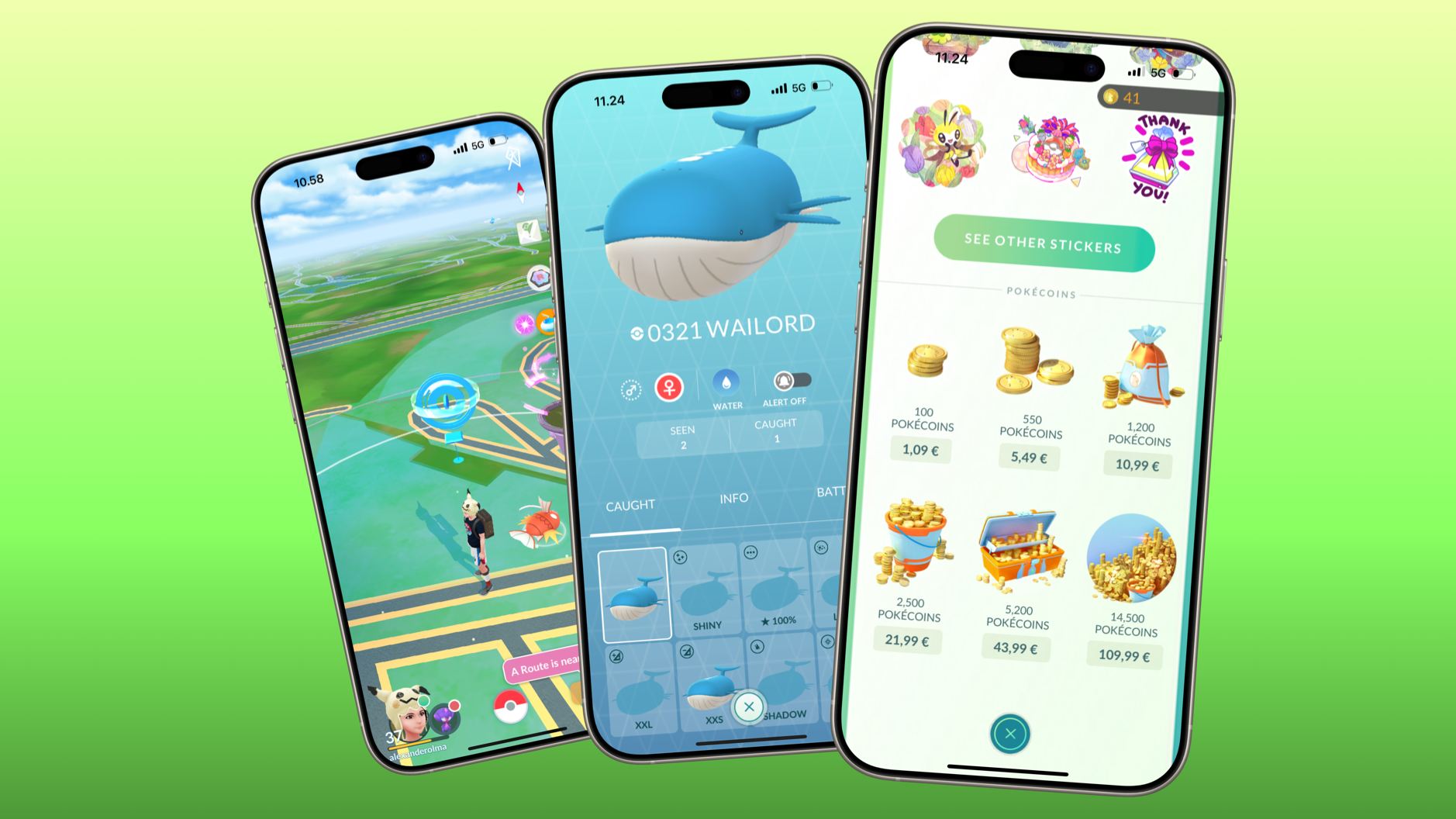 Das Bild zeigt drei Smartphone-Bildschirme mit der Pokémon GO-App. Links ist die Karte mit einem PokéStop und einem Spieler zu sehen, in der Mitte die Detailansicht des Pokémon Wailord, und rechts der Shop mit Preisen für PokéCoins. Die Farben und das Design sind hell und freundlich gestaltet, passend zur Spielatmosphäre.