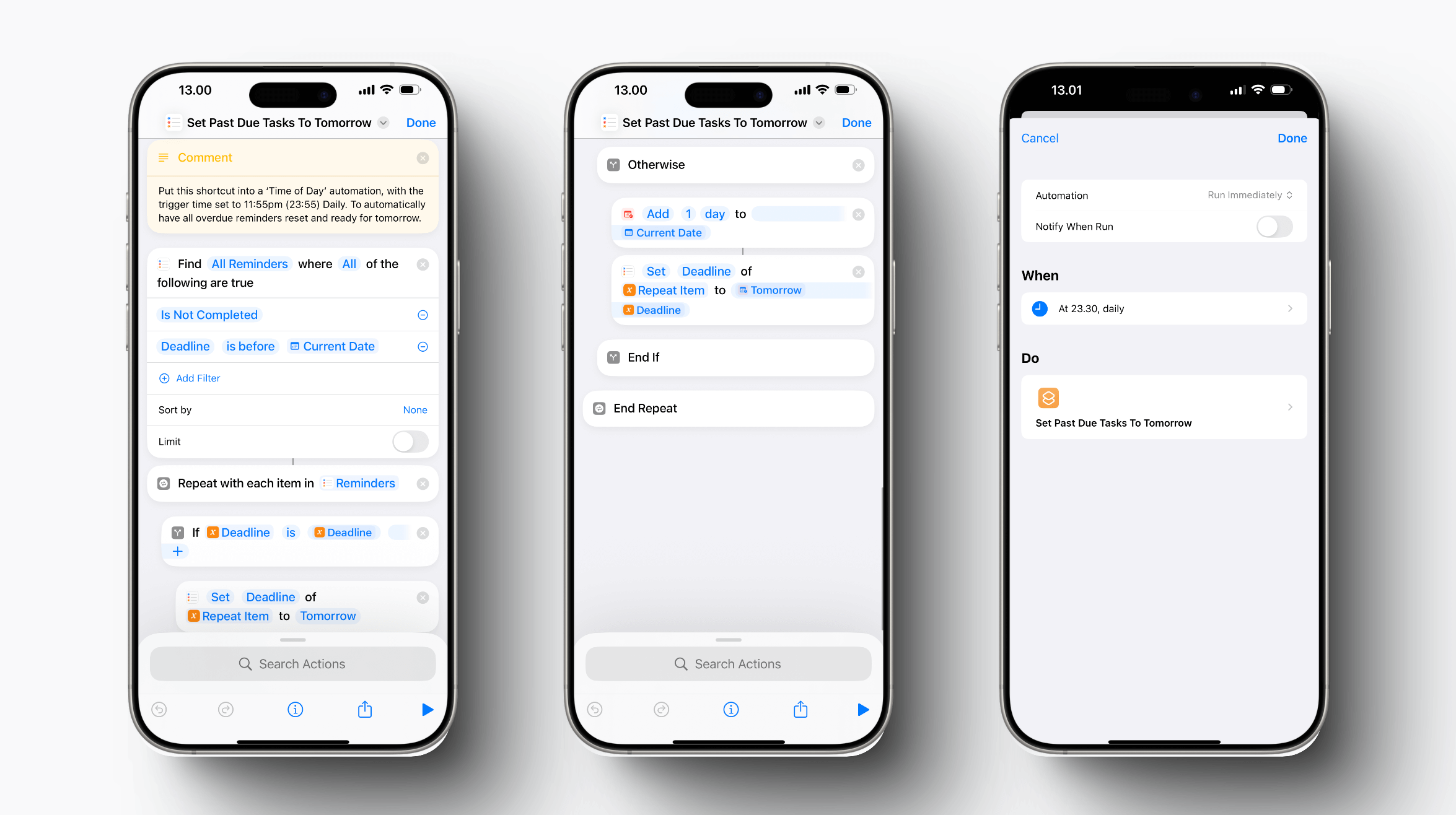 Das Bild zeigt die Benutzeroberfläche der Kurzbefehle-App auf einem iPhone, mit einem Shortcut namens „Set Past Due Tasks To Tomorrow“. Der Shortcut automatisiert das Verschieben überfälliger Erinnerungen auf den nächsten Tag und wird täglich um 23:30 Uhr ausgeführt. Die Schritte beinhalten das Filtern von nicht erledigten Aufgaben mit einer Deadline vor dem aktuellen Datum und das Aktualisieren ihrer Deadline auf morgen.